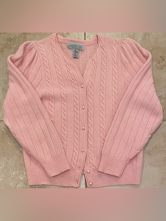 Lauren Cole Petites Sweaters - LAUREN COLE 70% Lambswool Angora Pearl Embellished Baby Pink Knit Cardigan - MP